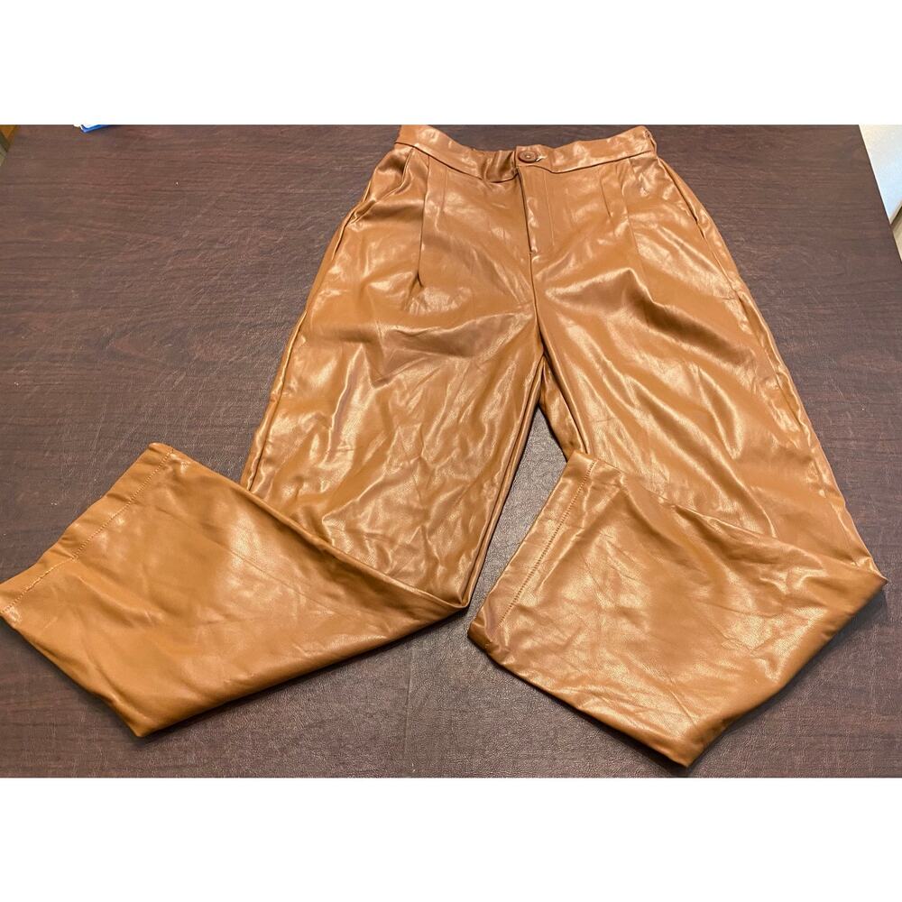 Zenana Faux‎ Leather Straight Leg Pants Brown Pull On Elastic Waist Medium